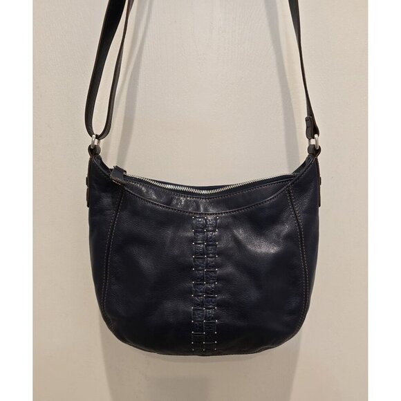 Brighton Vintage Navy Leather Crossbody Bag Embossed Detail & Adjustable Strap - Picture 1 of 16